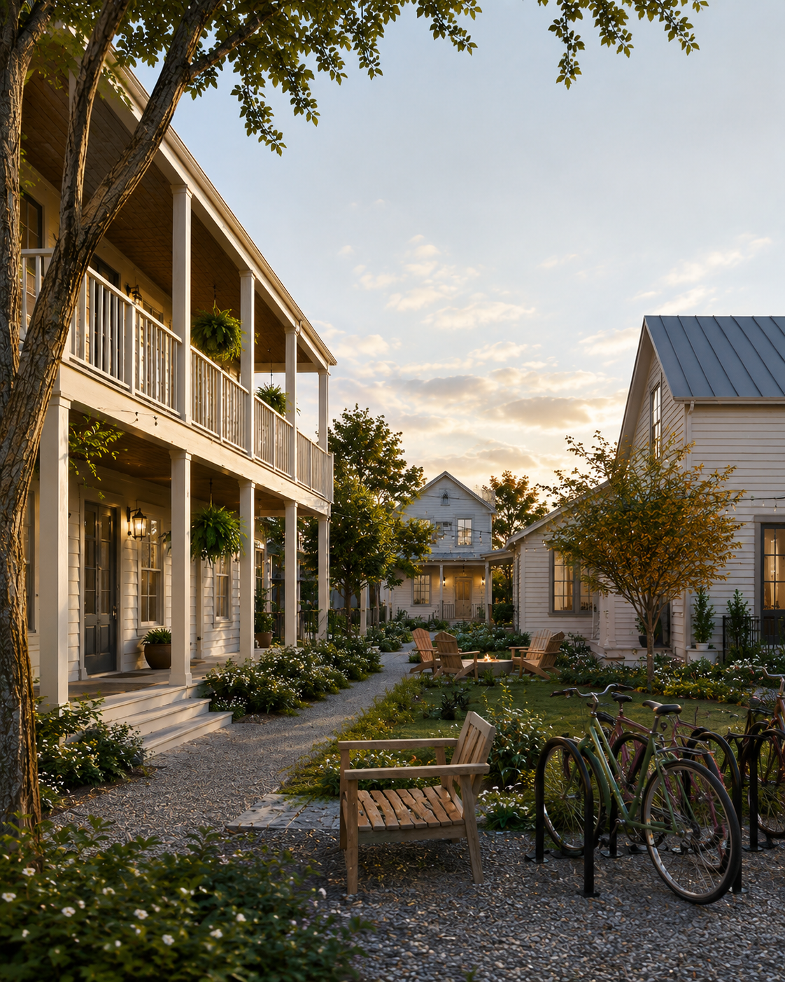 Prima Commons — rendering of a shared courtyard between two-story porched houses at dusk, with seating, plantings, and bike parking.