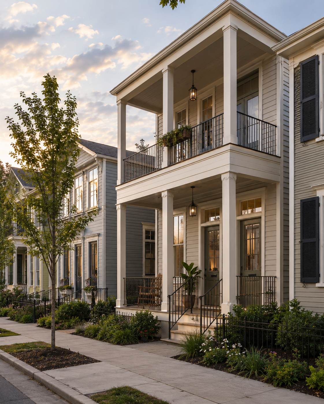 Affordable Historic Urban Infill — rendering of a two-story porched cream-clad house with iron balcony railings, beside a row of neighbors at golden hour.